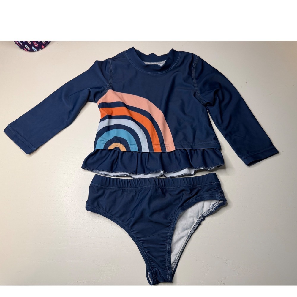 Seizesoul Baby Toddler Navy Blue Rainbow Long Sleeve Rash Guard Swimwear Set New